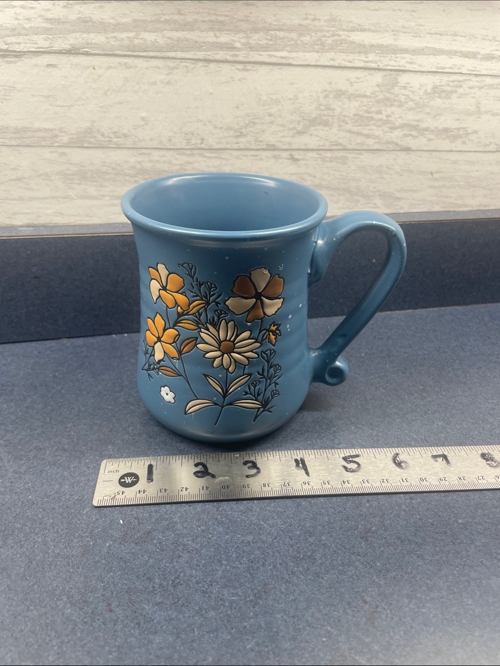 Blue Floral Ceramic Coffee Mug - Yellow Flower Design